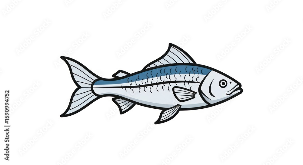Fototapeta premium A simple, stylized illustration of a blue and silver fish shown in profile on a white background.