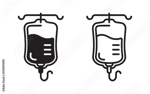 Medical Intravenous Fluid Bag Illustrations Black and White Line Art Style Showing Blood or Other Fluid for Treatment in Hospital