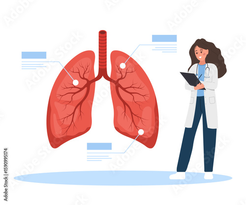 Pulmonologist concept. Female doctor examination Respiratory system disease. Vector illustration in flat cartoon style.