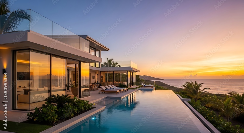 Obraz premium Luxury villa with infinity pool at sunset offers serene tropical retreat experience