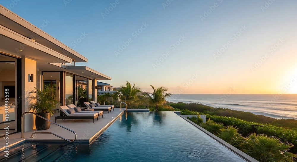 Obraz premium Luxury villa with infinity pool overlooking the ocean at sunset capturing a serene and idyllic