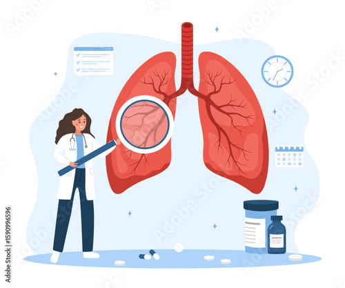 Pulmonologist concept. Lungs health. Female doctor with large magnifier examines internal organs. Vector illustration in flat cartoon style.