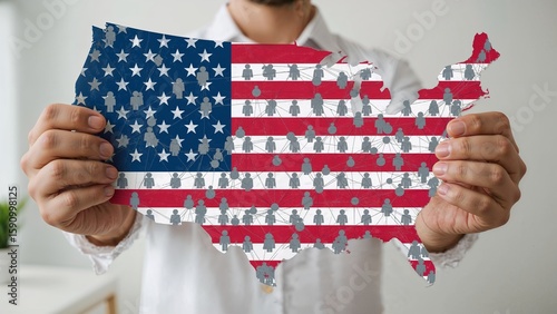 Man holding a USA map with the American flag pattern and tree icons.