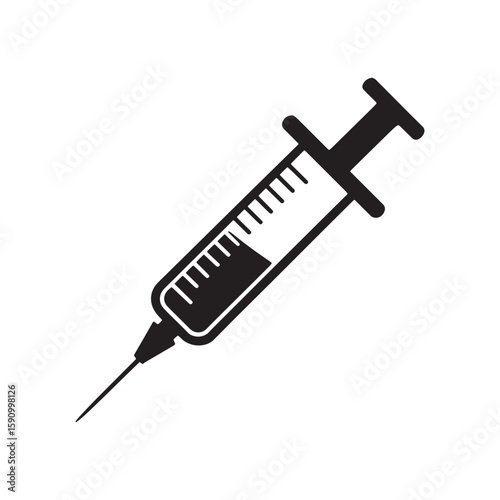 Monochrome Vector Illustration of a Hypodermic Syringe Used for Injections and Vaccinations in Healthcare Settings with Needle