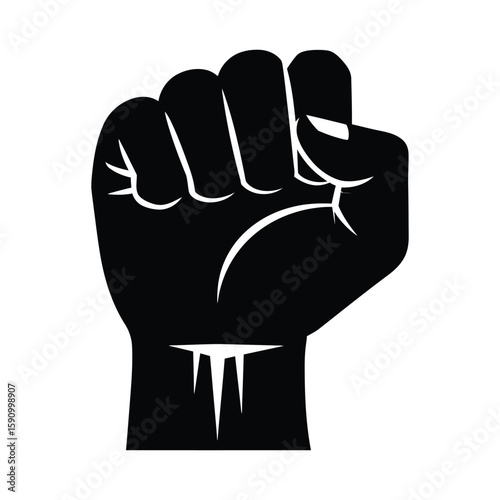A black fist raised in solidarity, isolated on white background, symbolizing power, resistance, and the fight for justice and equality