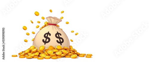 A cartoon money bag overflowing with gold coins on a white background,  vector,  riches