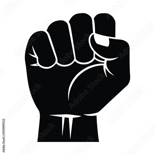 A black fist, isolated on white background, symbolizes strength, resistance, and the ongoing fight for equality and social change