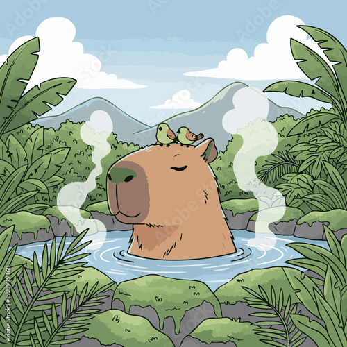 A cute cartoon illustration capybara enjoying hot spring in forest