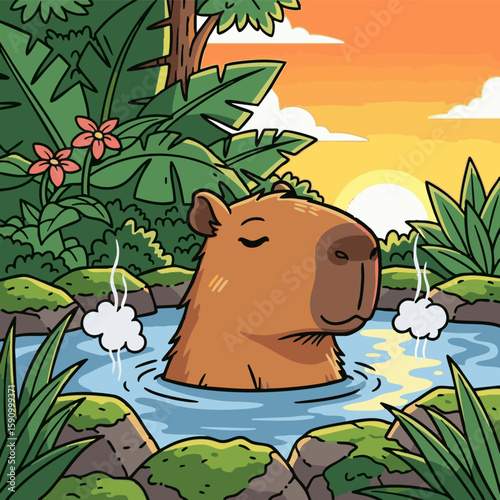 A cute cartoon illustration capybara taking hot spring in forest