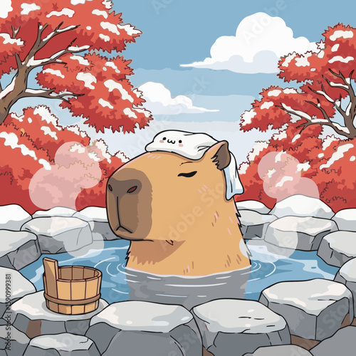 A cute cartoon illustration capybara enjoying hot spring in fall