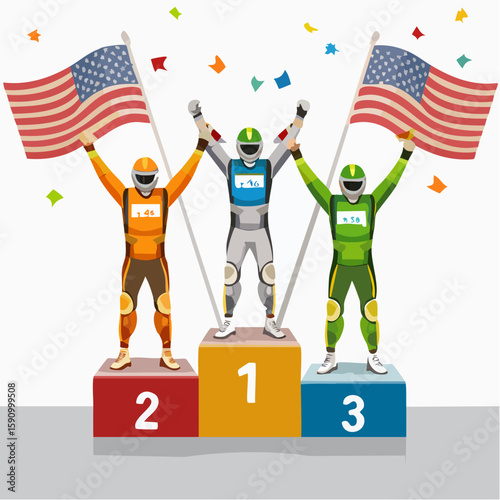 Vector illustration of a MotoGP podium with three riders celebrating, gold, silver, and bronze positions, national flags behind them
