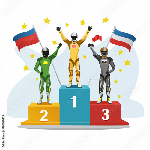 Vector illustration of a MotoGP podium with three riders celebrating, gold, silver, and bronze positions, national flags behind them