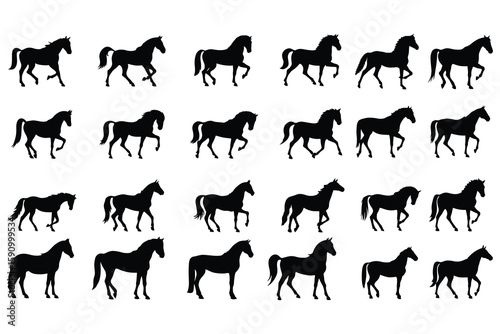 Black horse silhouettes in motion white running