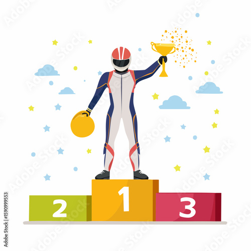 Vector illustration of a MotoGP rider standing on the podium spraying champagne, wearing race suit and helmet under arm, flat design style