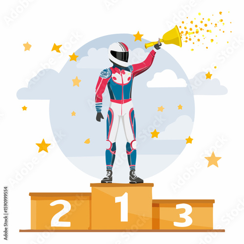 Vector illustration of a MotoGP rider standing on the podium spraying champagne, wearing race suit and helmet under arm, flat design style