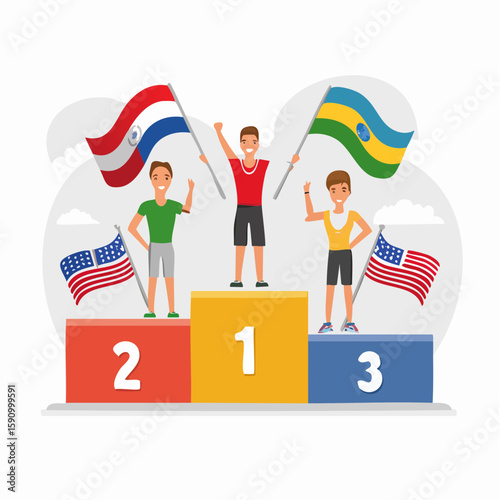 Vector illustration of an Olympic podium ceremony, gold, silver, and bronze medalists standing proudly, with national flags behind them