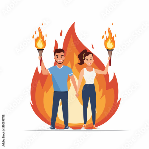 Flat vector illustration of a male and female athlete holding Olympic torches, standing together in front of Olympic flame, white background