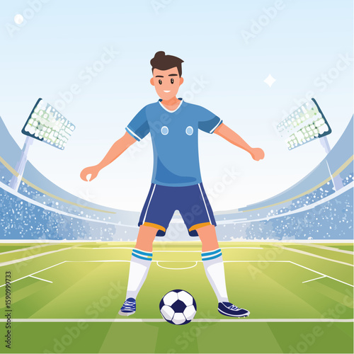 ector artwork of a soccer player scoring a goal in the Olympic Games, stadium lights and crowd in the distance, energetic pose