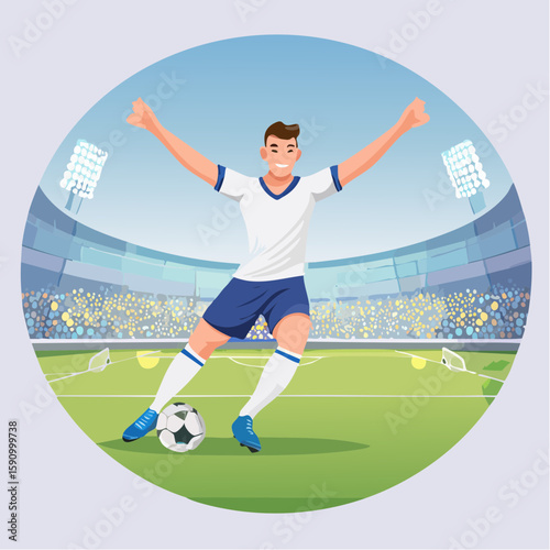 ector artwork of a soccer player scoring a goal in the Olympic Games, stadium lights and crowd in the distance, energetic pose