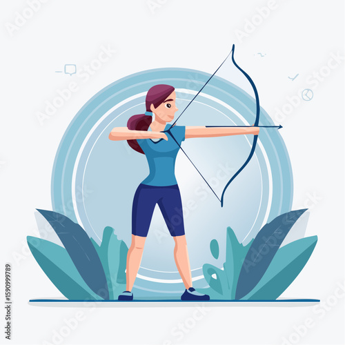 Full-body vector of an Olympic archer aiming at the target, concentration expression, archery equipment visible, minimalist background