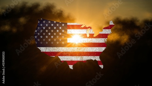 American flag texture fills the shape of the United States with a bright sunburst.