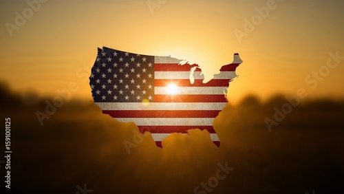 Silhouette of the United States flag map against a sunset backdrop.