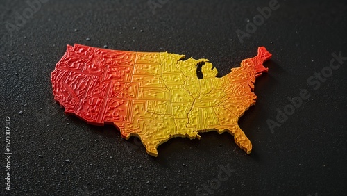 A textured, 3D-printed map of the United States, colored in a fiery gradient.