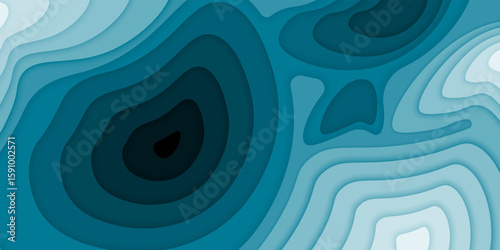 Paper cut topography relief imitation, blue colors multi layers banner. Abstract water flowing liquid texture art design, origami paper cut layer smooth shape vector illustration