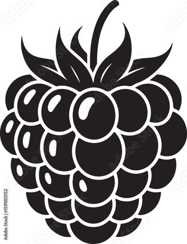 Black and white graphic illustration of a raspberry with leaves fruit food