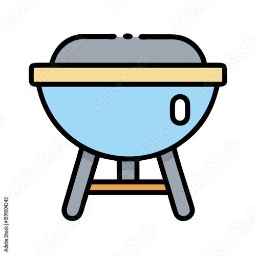 Flat style round barbecue grill in blue and gray with stand on white background, representing outdoor cooking, picnic heat source, and summer meal preparation
