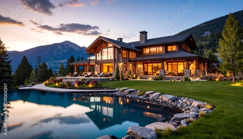 Luxurious mountain home with pool at dusk