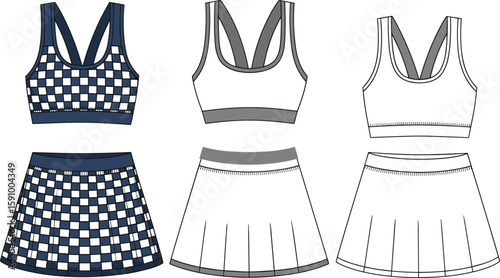 Women's activewear sports bra and pleated tennis skirt set flat fashion sketch, versatile athletic apparel technical illustration, comfortable stylish design for performance.