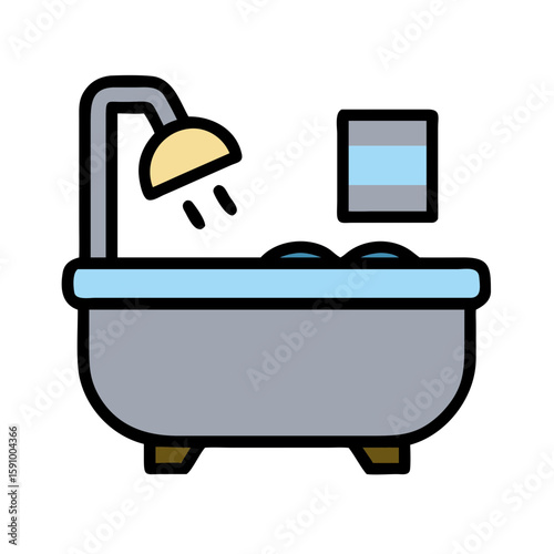 Flat style gray and blue bathtub with overhead shower and water flow on white background, representing hygiene, personal care, and modern bathroom interior
