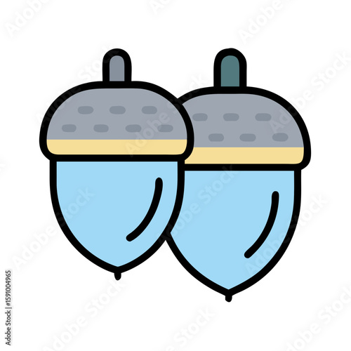 Flat style pair of blue-gray acorns with caps on white background, symbolizing fall harvest, seasonal growth, woodland plants, and natural forest elements
