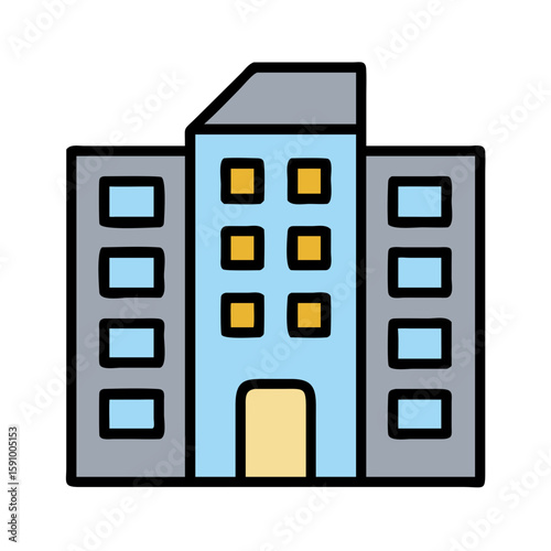 Flat style multistory office building with windows and entrance on white background, representing corporate infrastructure, business center, or urban structure
