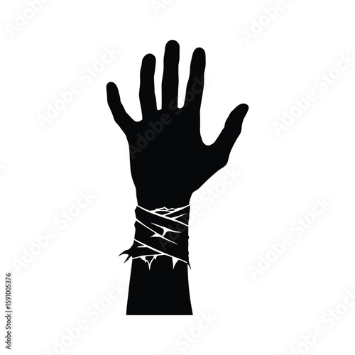 A black silhouette of a hand with a bandage wrapped around the wrist isolated on white background