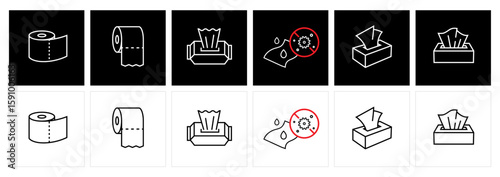 Toilet Paper, Wet Wipes, Tissue Box, Antibacterial Wipe Line Icons Set – Hygiene and Cleaning Symbols Vector