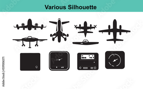 Various Silhouette Vector Graphics: Airplane Silhouettes, Drone Silhouette, and Electronic Device Silhouettes for Graphic Design Projects