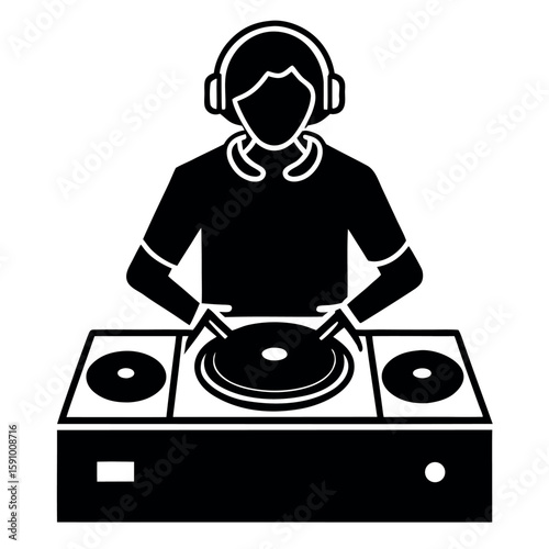 Minimalist silhouette of a dj performing with headphones and turntable