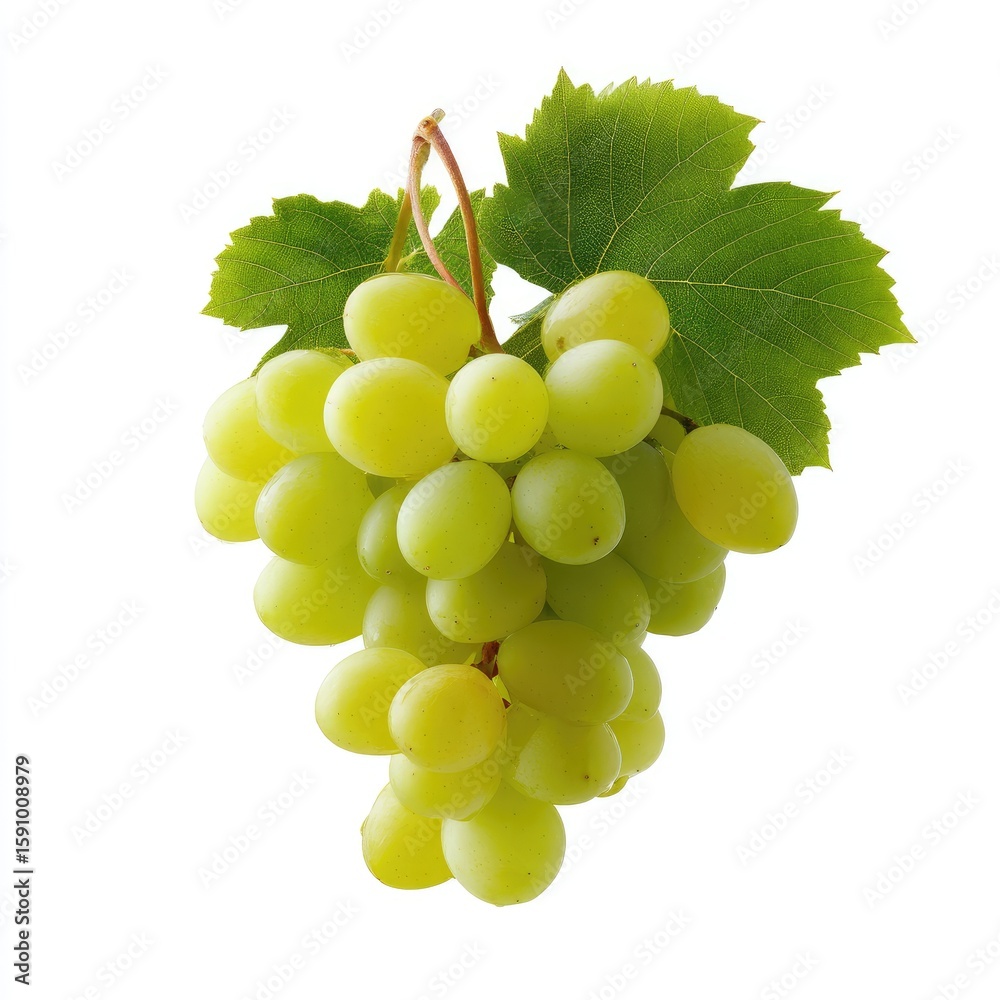 Obraz premium Fresh Green Grapes with Vibrant Leaves on a White Background for Healthy Eating and Culinary Uses