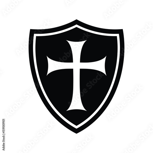 A black and white illustration of a templar shield with a cross isolated on white background, great for designs about history or religion