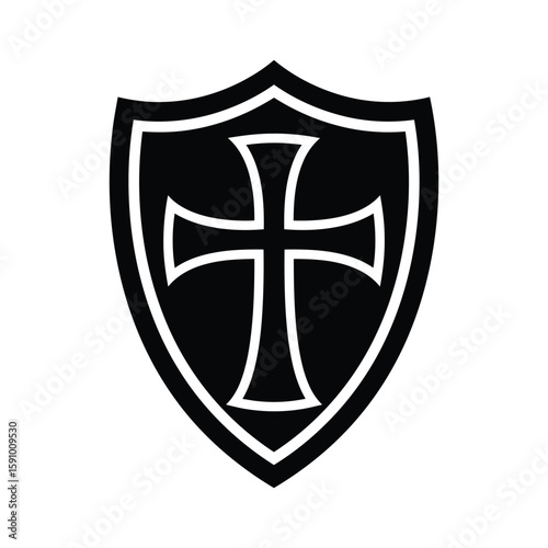 A black and white shield with a cross symbolizes faith, protection, and medieval heraldry isolated on white background