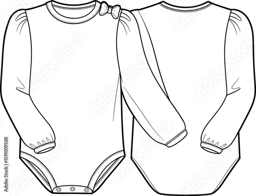  Cute infant baby girl long sleeve bodysuit with bow detail flat fashion sketch, adorable newborn apparel technical illustration, comfortable and charming one-piece design for toddlers.