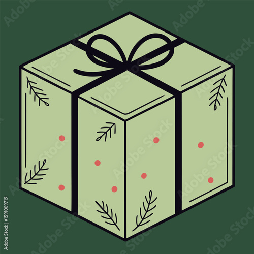 Green gift box with a black ribbon on a dark green background