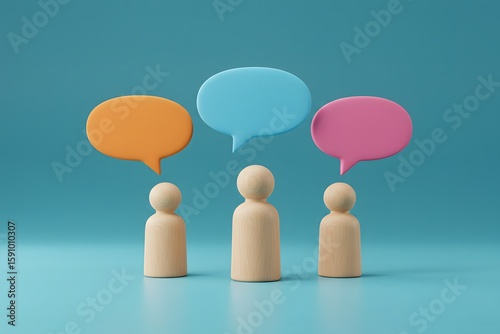 collaborative discussions. 3D render of three wooden figures standing in front of a blue wall, Three wooden figures stand beneath vibrant speech bubbles a blue backdrop, communication, ideas