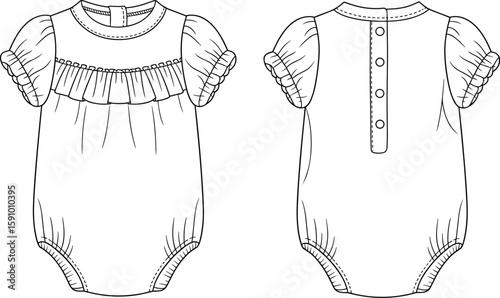  Cute infant baby girl ruffled romper bodysuit flat fashion sketch, adorable newborn short sleeve apparel technical illustration, comfortable and charming design with snap closure.