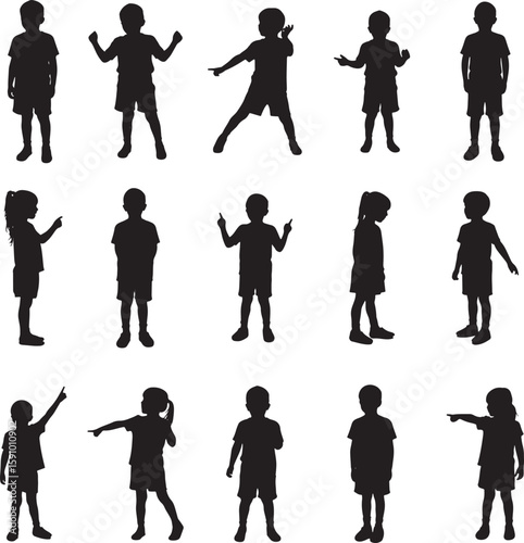 Fifteen children silhouettes in various poses on white background