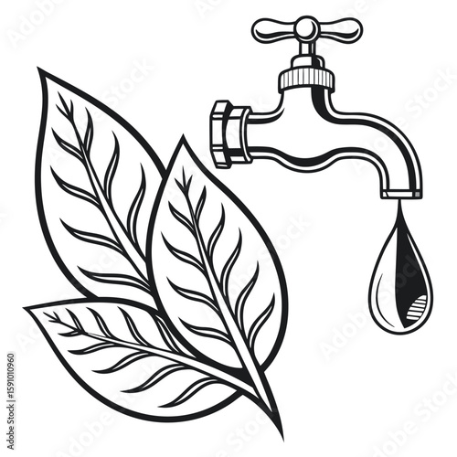 Clean faucet with leaf and water drop icon symbolizing eco friendly water conservation