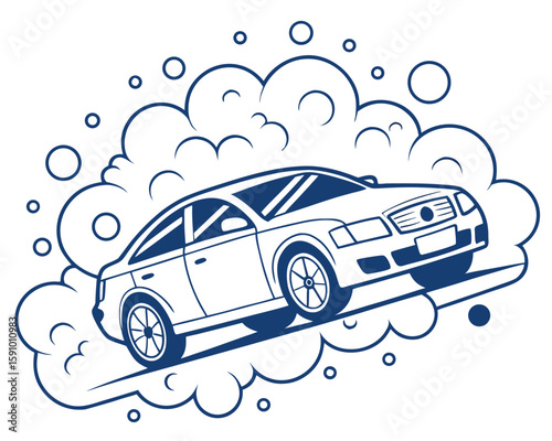 Realistic car being washed with foam and water bubbles