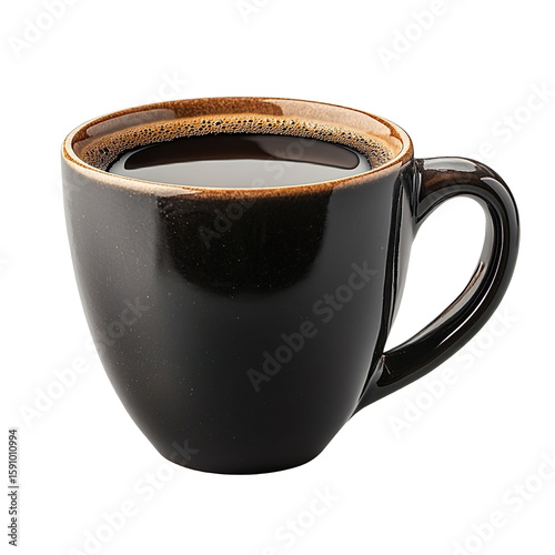Black coffee mug filled with hot drink isolated on transparent background